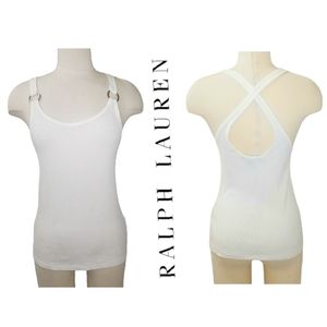 Ralph Lauren Black Label White Ribbed Cotton Tank Top with O-Ring Strap M